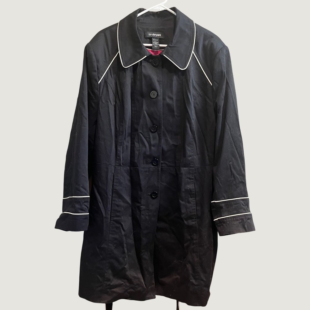 Lane Bryant Trench Coat Womens 22/24W Black White Piping Tie Waist Button Front